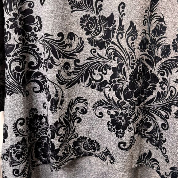 NWT Indigo Soul Floral Scroll Print Cowl Neck Grey Tunic Womens L Stretch Hi-Lo - Picture 13 of 16